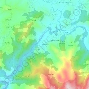 Mappa topografica Brañes, altitudine, rilievo