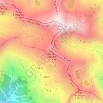 Mappa topografica Punta Lazoney, altitudine, rilievo