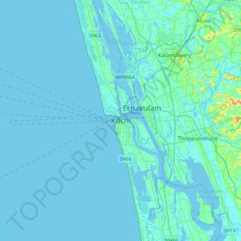 Mappa topografica Kochi, altitudine, rilievo