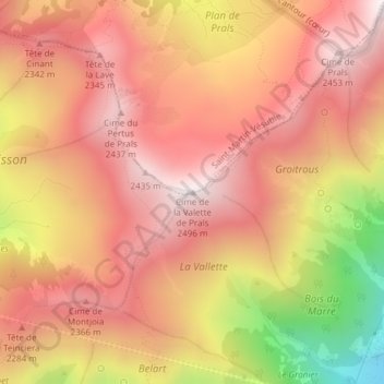 Mappa topografica Cime de la Valette de Prals, altitudine, rilievo