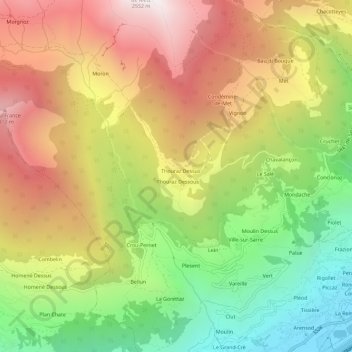 Mappa topografica Thouraz, altitudine, rilievo