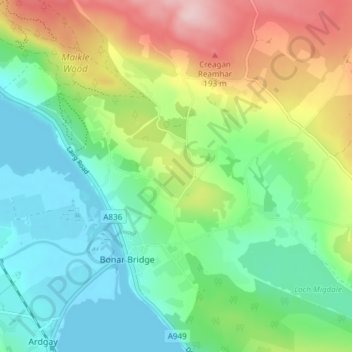 Mappa topografica Tulloch, altitudine, rilievo