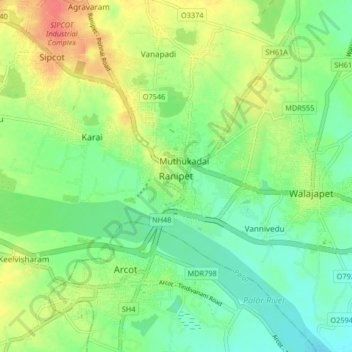 Mappa topografica Ranipet, altitudine, rilievo