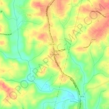 Mappa topografica Crowders, altitudine, rilievo