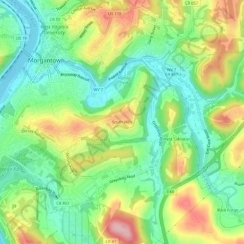 Mappa topografica South Hills, altitudine, rilievo