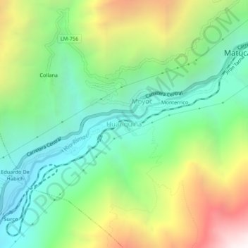 Mappa topografica Huariquiña, altitudine, rilievo