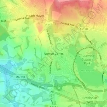 Mappa topografica Norton Canes, altitudine, rilievo
