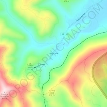 Mappa topografica Terry Creek, altitudine, rilievo