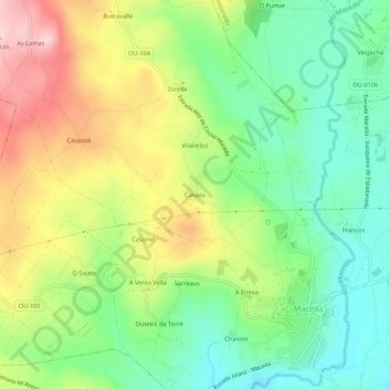 Mappa topografica Calvelo, altitudine, rilievo