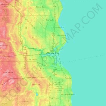 Mappa topografica Milwaukee, altitudine, rilievo