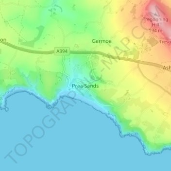 Mappa topografica Praa Sands, altitudine, rilievo
