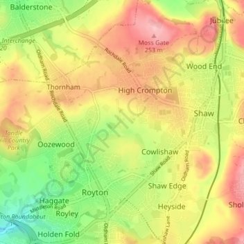 Mappa topografica Low Crompton, altitudine, rilievo