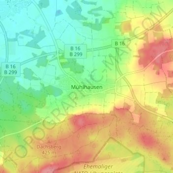 Mappa topografica Mühlhausen, altitudine, rilievo