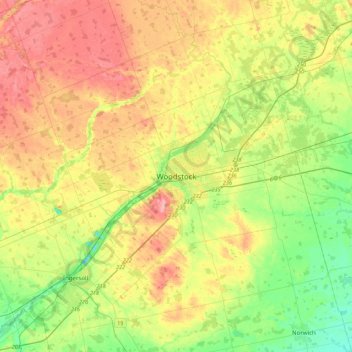 Mappa topografica Woodstock, altitudine, rilievo