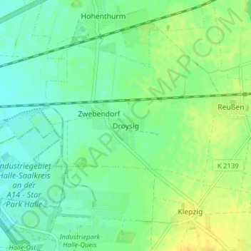 Mappa topografica Droysig, altitudine, rilievo