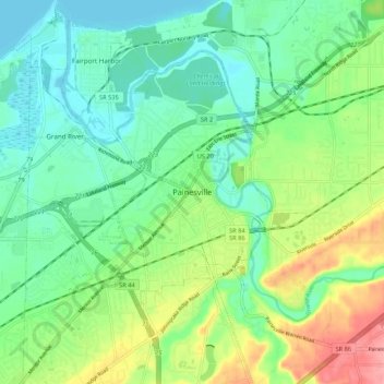 Mappa topografica Painesville, altitudine, rilievo