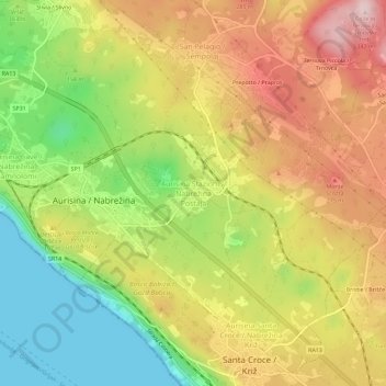 Mappa topografica Aurisina Stazione, altitudine, rilievo