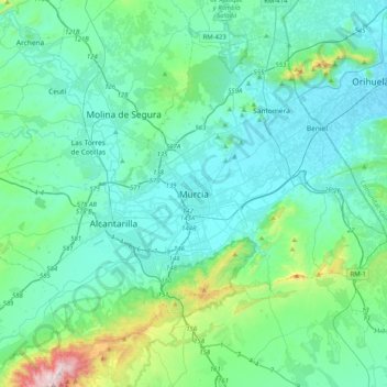 Mappa topografica Murcia, altitudine, rilievo
