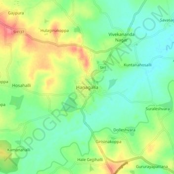 Mappa topografica Hanagal, altitudine, rilievo