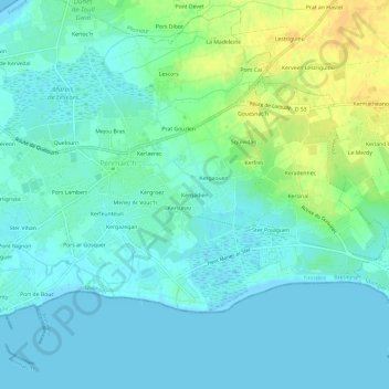 Mappa topografica Kergadien, altitudine, rilievo
