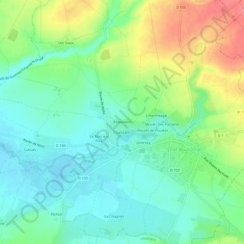 Mappa topografica Pellevoisin, altitudine, rilievo