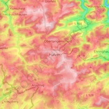 Mappa topografica Halver, altitudine, rilievo