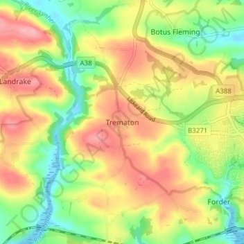 Mappa topografica Trematon, altitudine, rilievo