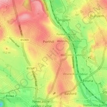 Mappa topografica Wolstanton, altitudine, rilievo