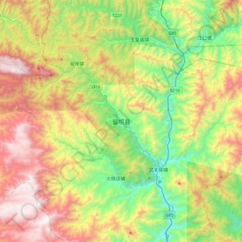 Mappa topografica 留坝县, altitudine, rilievo