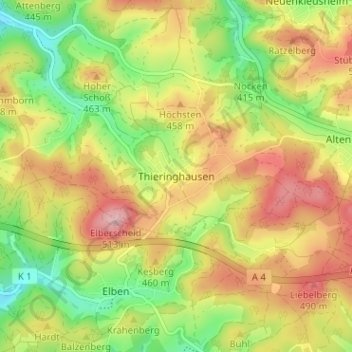 Mappa topografica Thieringhausen, altitudine, rilievo