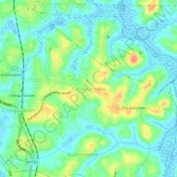 Mappa topografica Paruthumpara, altitudine, rilievo