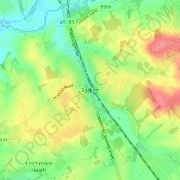 Mappa topografica Radlett, altitudine, rilievo