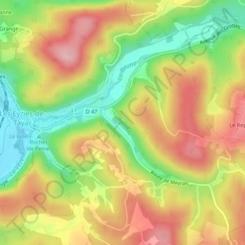 Mappa topografica Grotte de Font de Gaume, altitudine, rilievo