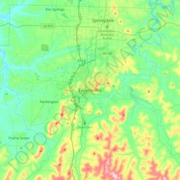 Mappa topografica Fayetteville, altitudine, rilievo