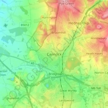 Mappa topografica Cannock, altitudine, rilievo