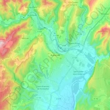 Mappa topografica Aubenas, altitudine, rilievo