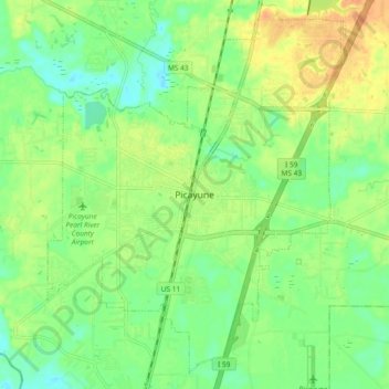 Mappa topografica Picayune, altitudine, rilievo