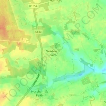 Mappa topografica Newton St Faith, altitudine, rilievo