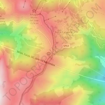 Mappa topografica Forca Canapine, altitudine, rilievo