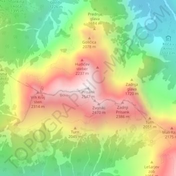 Mappa topografica Prisojnik, altitudine, rilievo