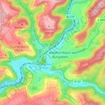 Mappa topografica Waldfischbach, altitudine, rilievo