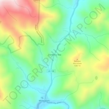 Mappa topografica Cranberry Gap, altitudine, rilievo