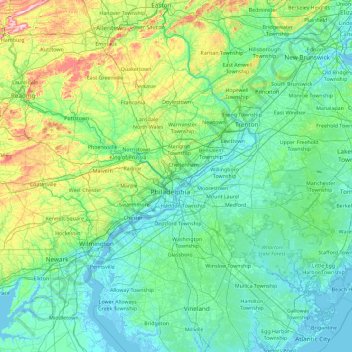 Mappa topografica Philadelphia, altitudine, rilievo