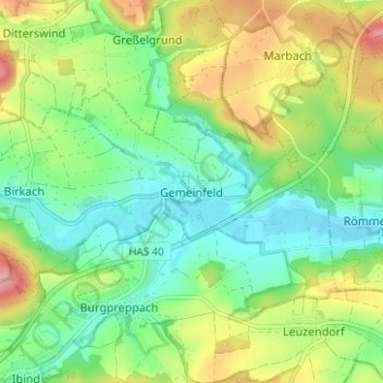 Mappa topografica Gemeinfeld, altitudine, rilievo