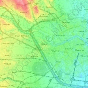 Mappa topografica Mislata, altitudine, rilievo