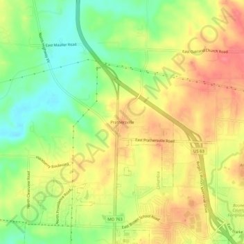 Mappa topografica Prathersville, altitudine, rilievo