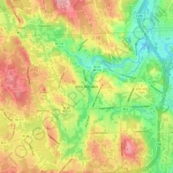 Mappa topografica West Warwick, altitudine, rilievo