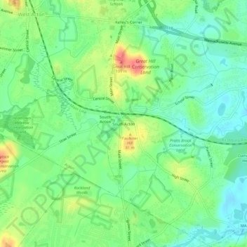 Mappa topografica South Acton, altitudine, rilievo