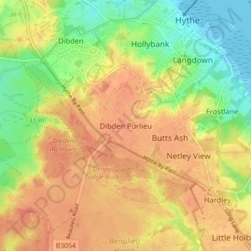 Mappa topografica Dibden Purlieu, altitudine, rilievo