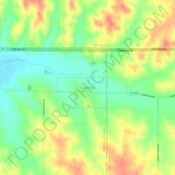 Mappa topografica Cushing, altitudine, rilievo